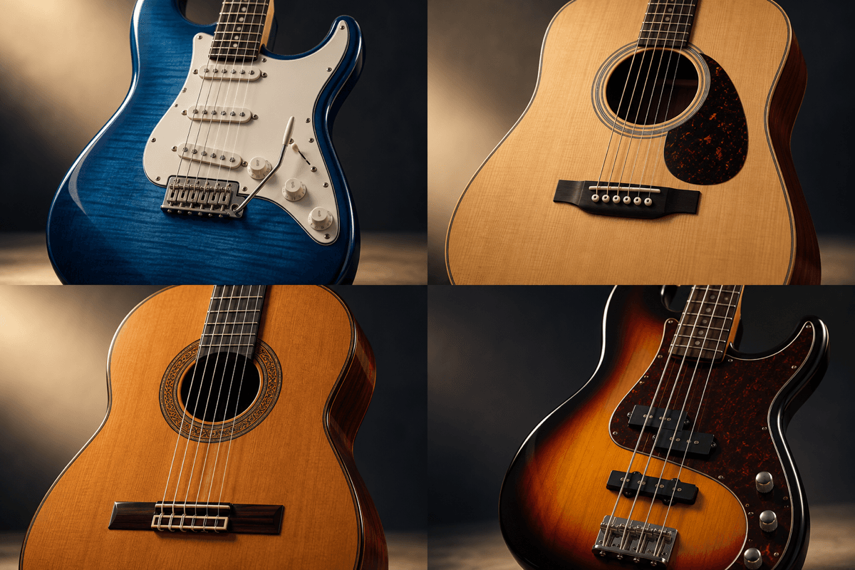 Electric, acoustic, classical and bass guitars shown in a four-panel composition