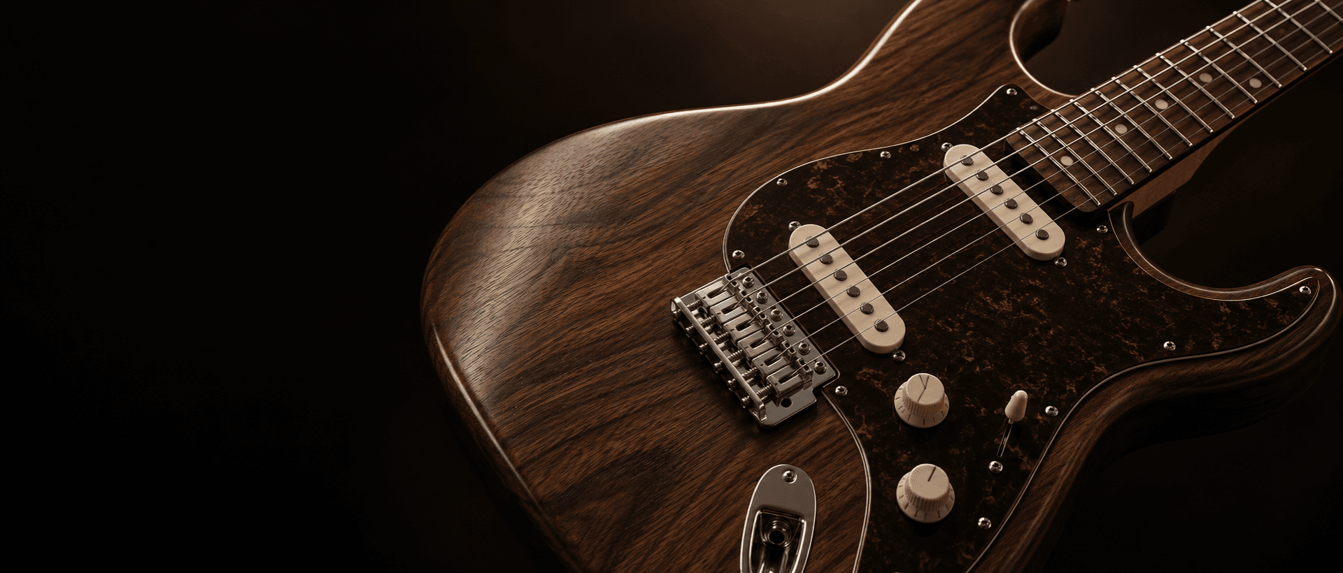 Close-up of an electric guitar body, pickups, bridge and wood grain