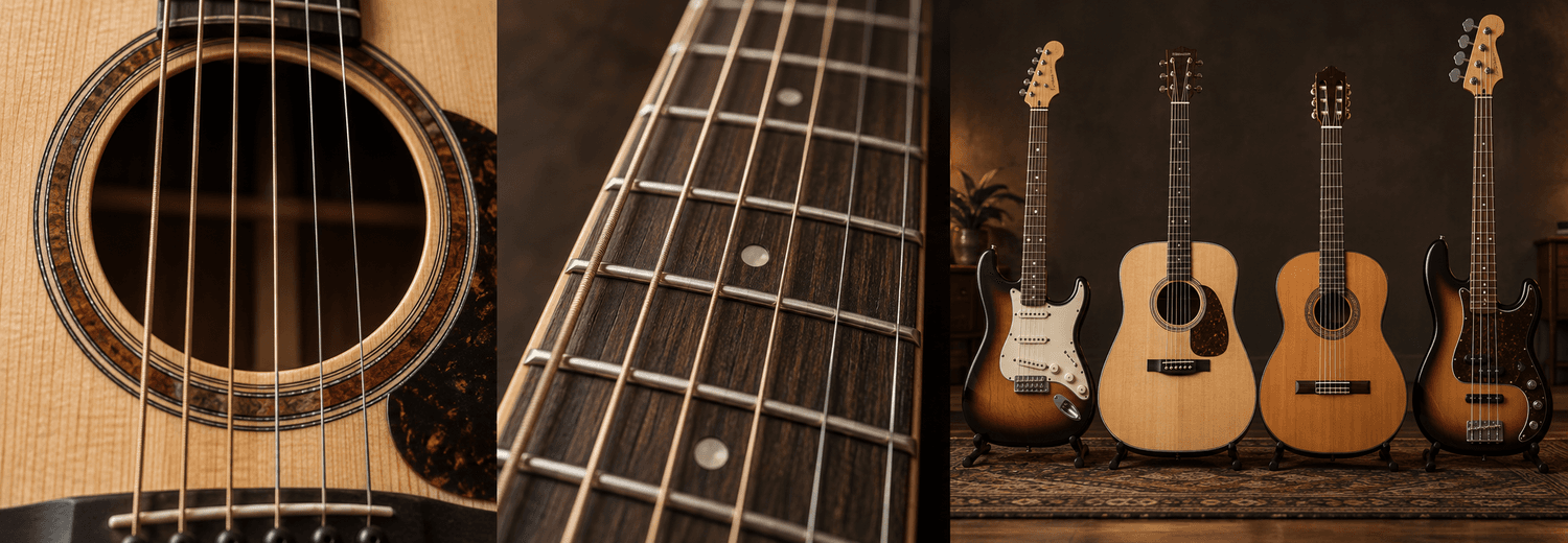 Acoustic guitar soundhole, fretboard and a studio lineup of guitars