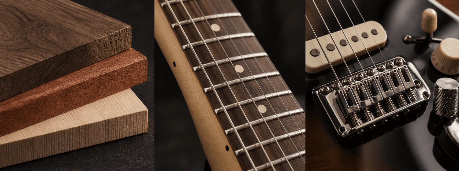 Tonewood samples, a guitar fretboard, and electric guitar bridge and controls