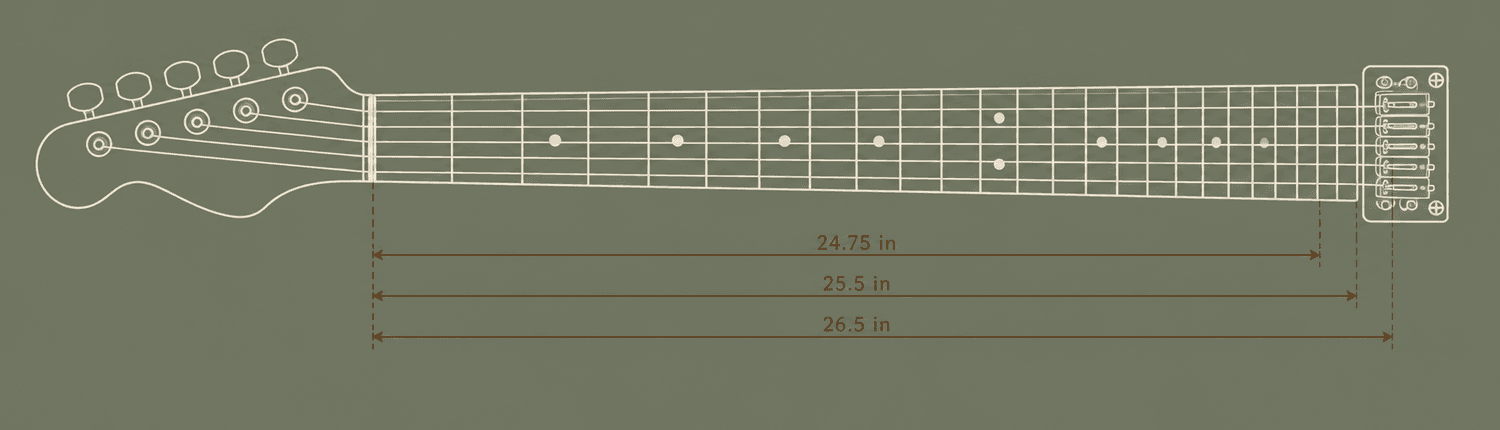 Guitar scale length comparison diagram with measurement lines