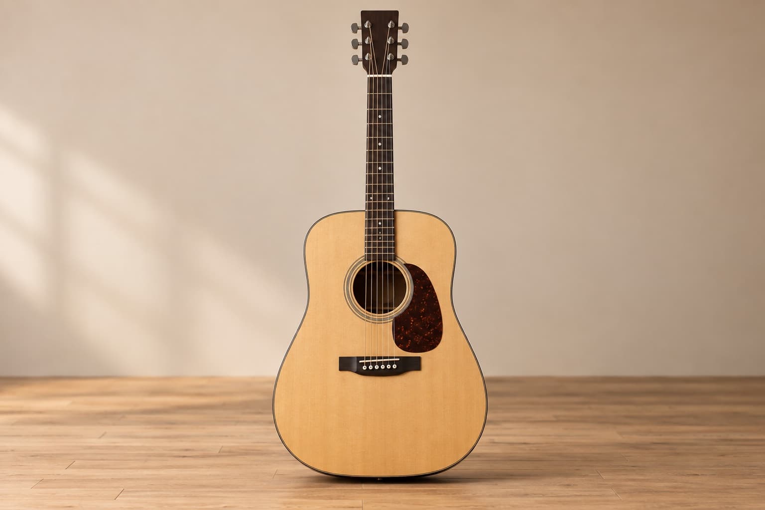 Front view of a broad-shouldered dreadnought acoustic guitar
