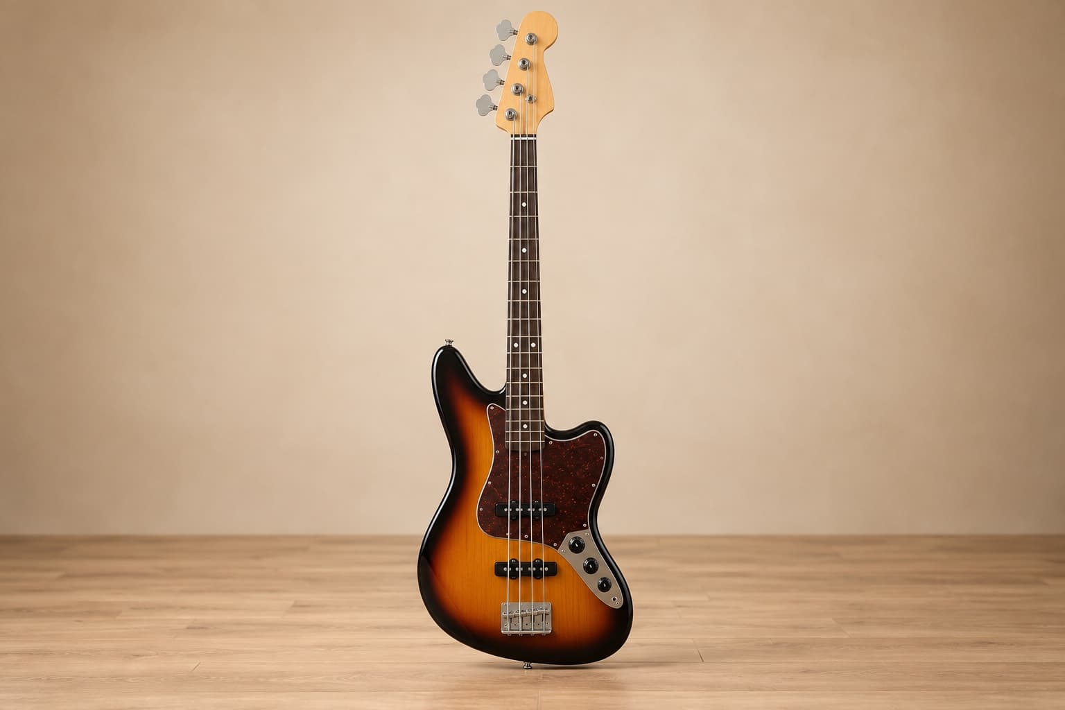 Complete offset-body four-string electric bass guitar