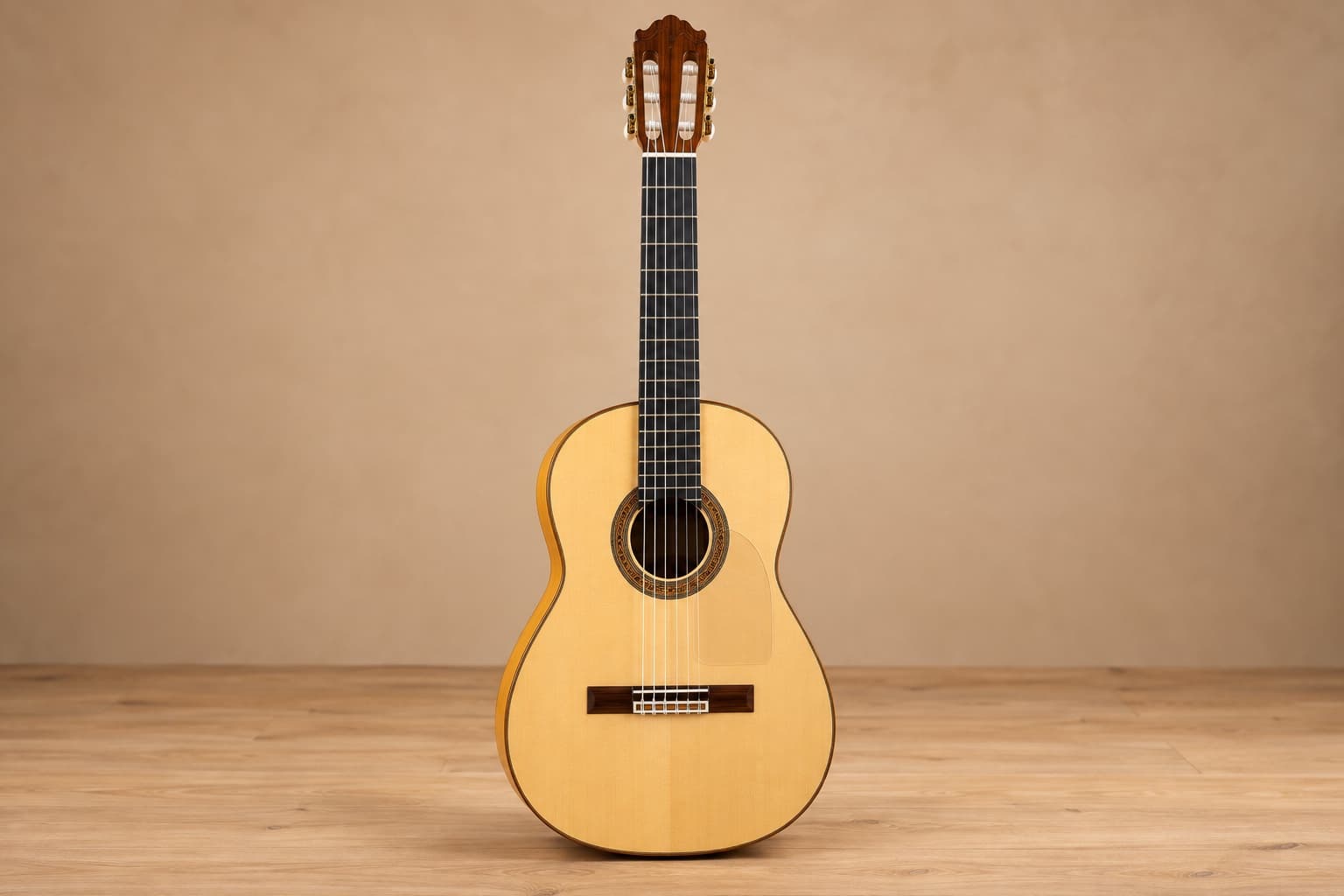 Complete flamenco guitar with a light-colored body and tap plate