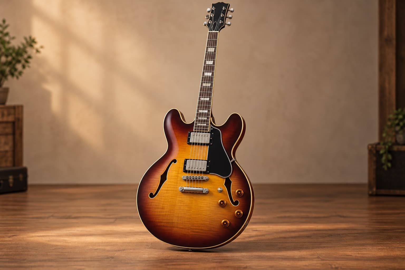 Double-cut semi-hollow electric guitar with f-holes